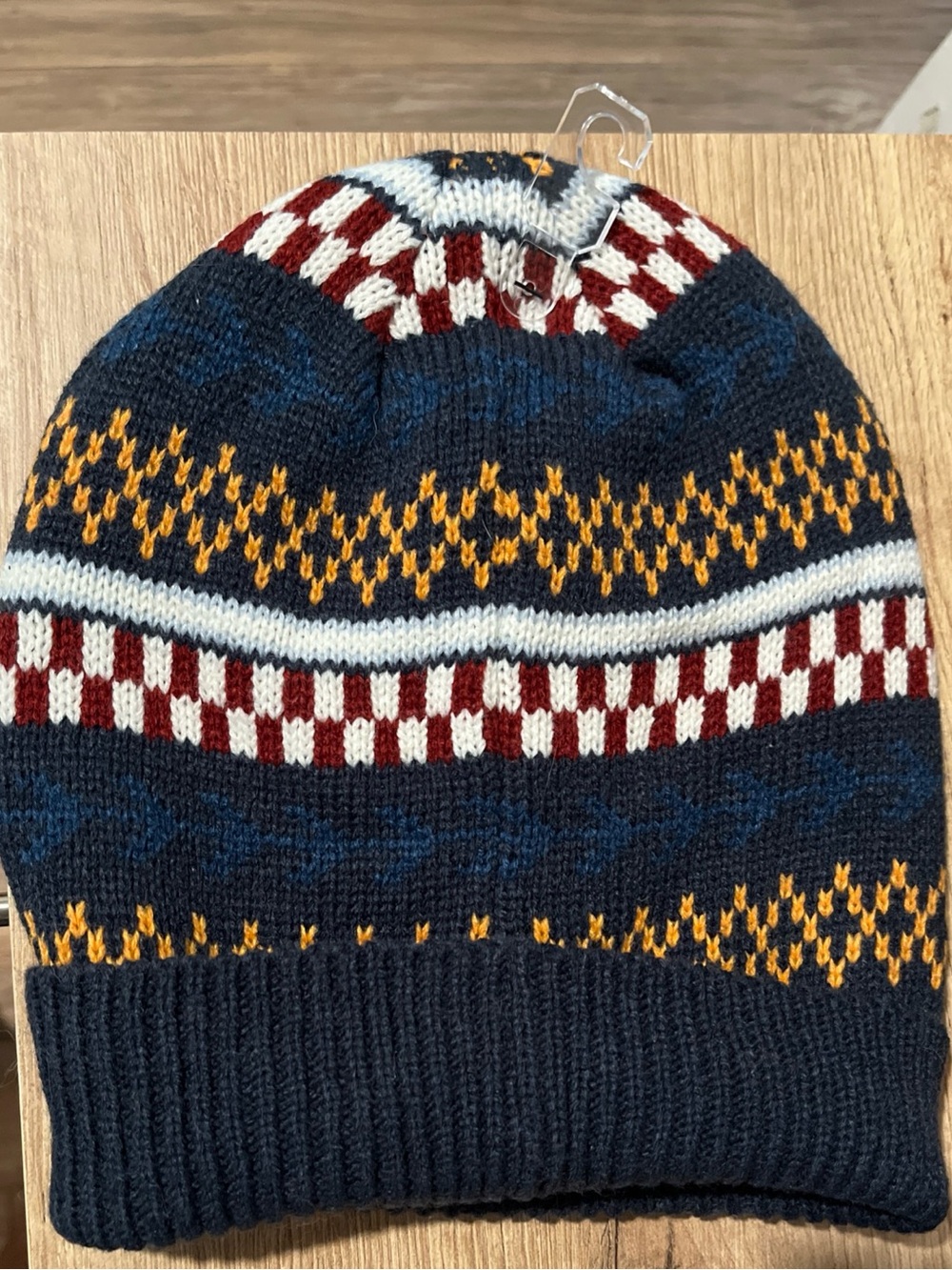 Target Navy Knit Beanie with Yellow and Burgundy Pattern